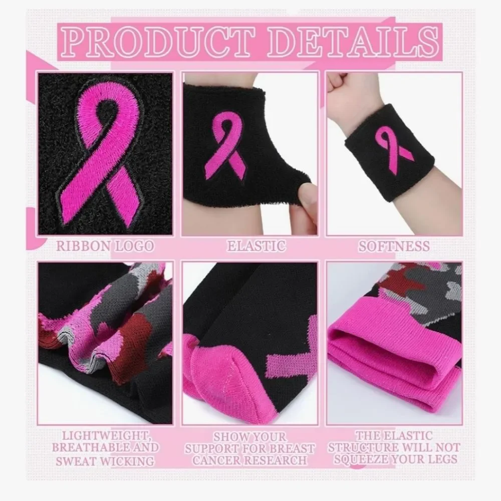 2 Pair Breast Cancer Awareness Pink Ribbon Camo Socks And Wristbands Set - NIP